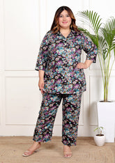 Plus Size Black Cotton Blend Floral Print Co-ord Set -1200040
